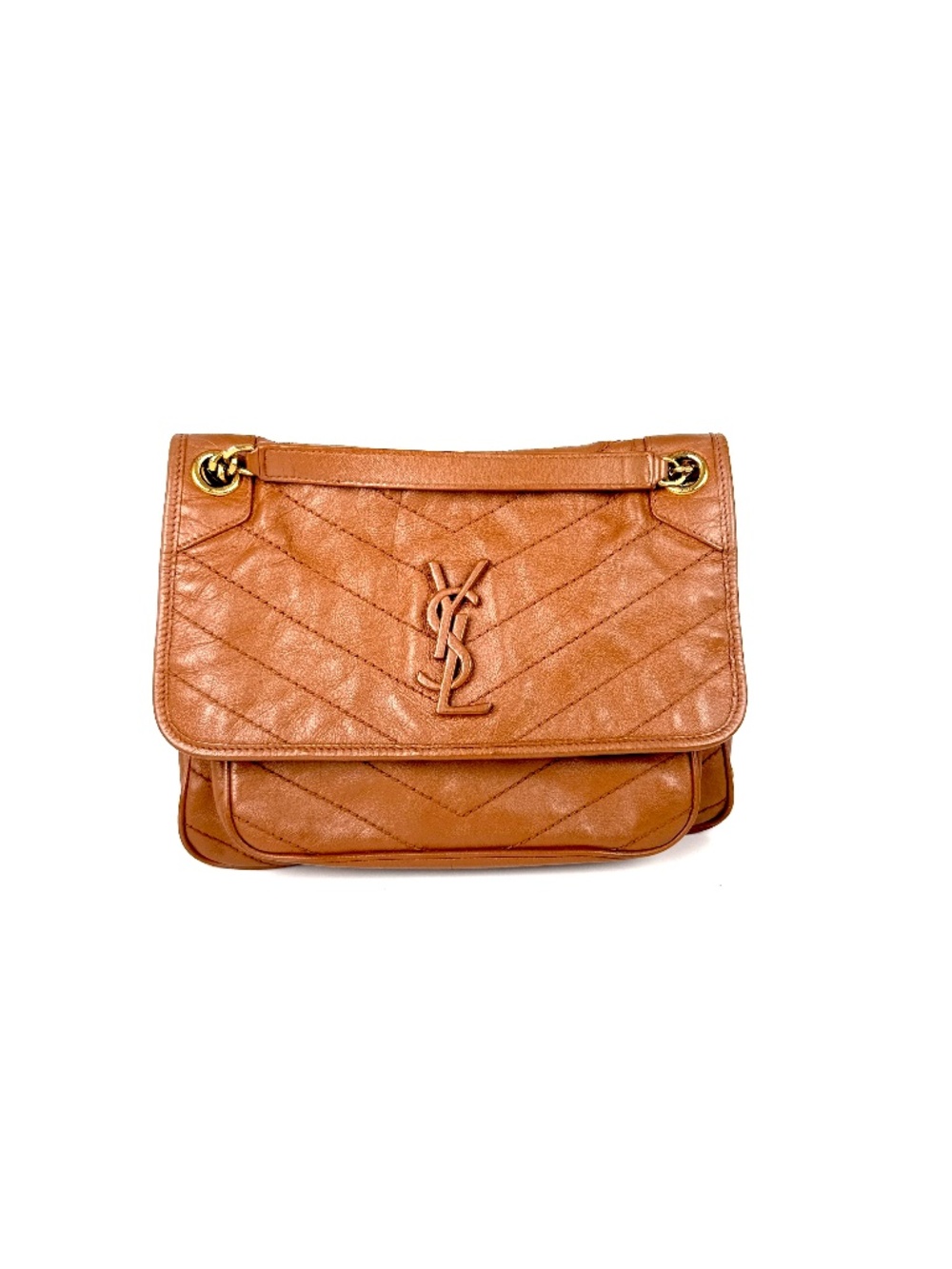 Saint Laurent YSL Niki Crinkled Calfskin Matelasse Monogram Brown Shoulder Bag